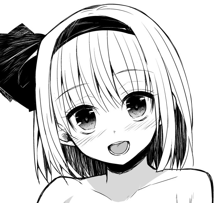 :d bare_shoulders black_hairband black_ribbon blush collarbone commentary_request eyebrows_visible_through_hair greyscale hair_ribbon hairband head_tilt konpaku_youmu looking_at_viewer monochrome nigo_(aozoragarou) open_mouth ribbon short_hair simple_background smile solo touhou upper_body white_background