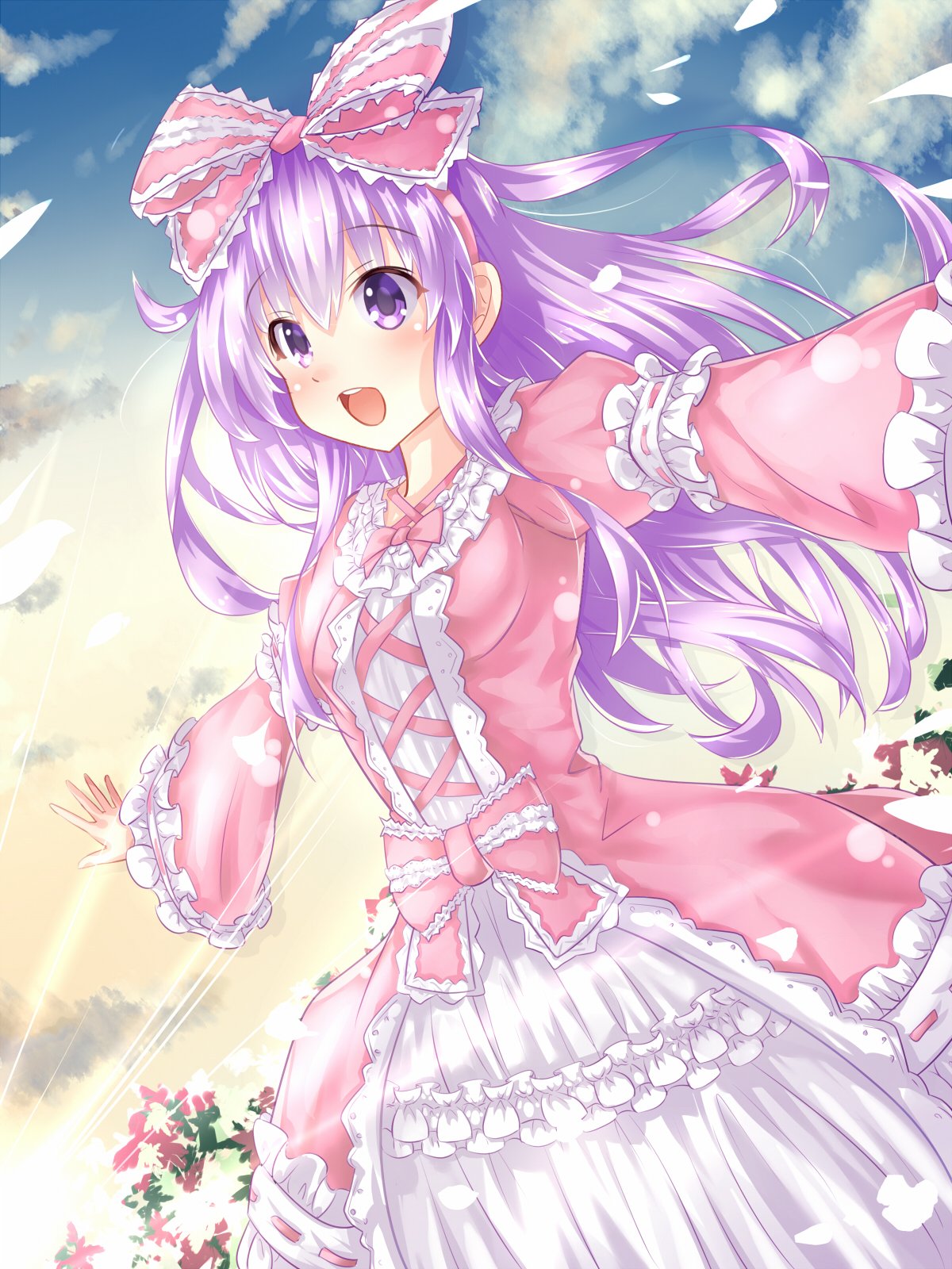 cloud cloudy_sky dress frilled_dress frills highres kazuneko_(wktk1024) lolita_fashion nepgear neptune_(series) open_mouth pink_dress purple_eyes purple_hair ribbon sky solo