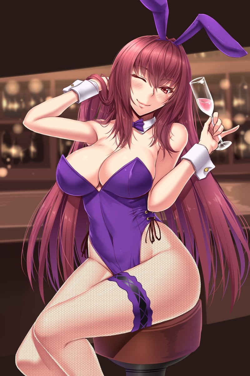 alternate_costume animal_ears bare_shoulders blush bow bowtie breasts bunny_ears bunny_girl bunnysuit commentary_request fate/grand_order fate_(series) fishnet_pantyhose fishnets glass highres large_breasts long_hair looking_at_viewer one_eye_closed pantyhose purple_hair red_eyes scathach_(fate)_(all) scathach_(fate/grand_order) shiny shiny_hair shiny_skin shuugetsu_karasu sitting smile solo tipsy very_long_hair wrist_cuffs