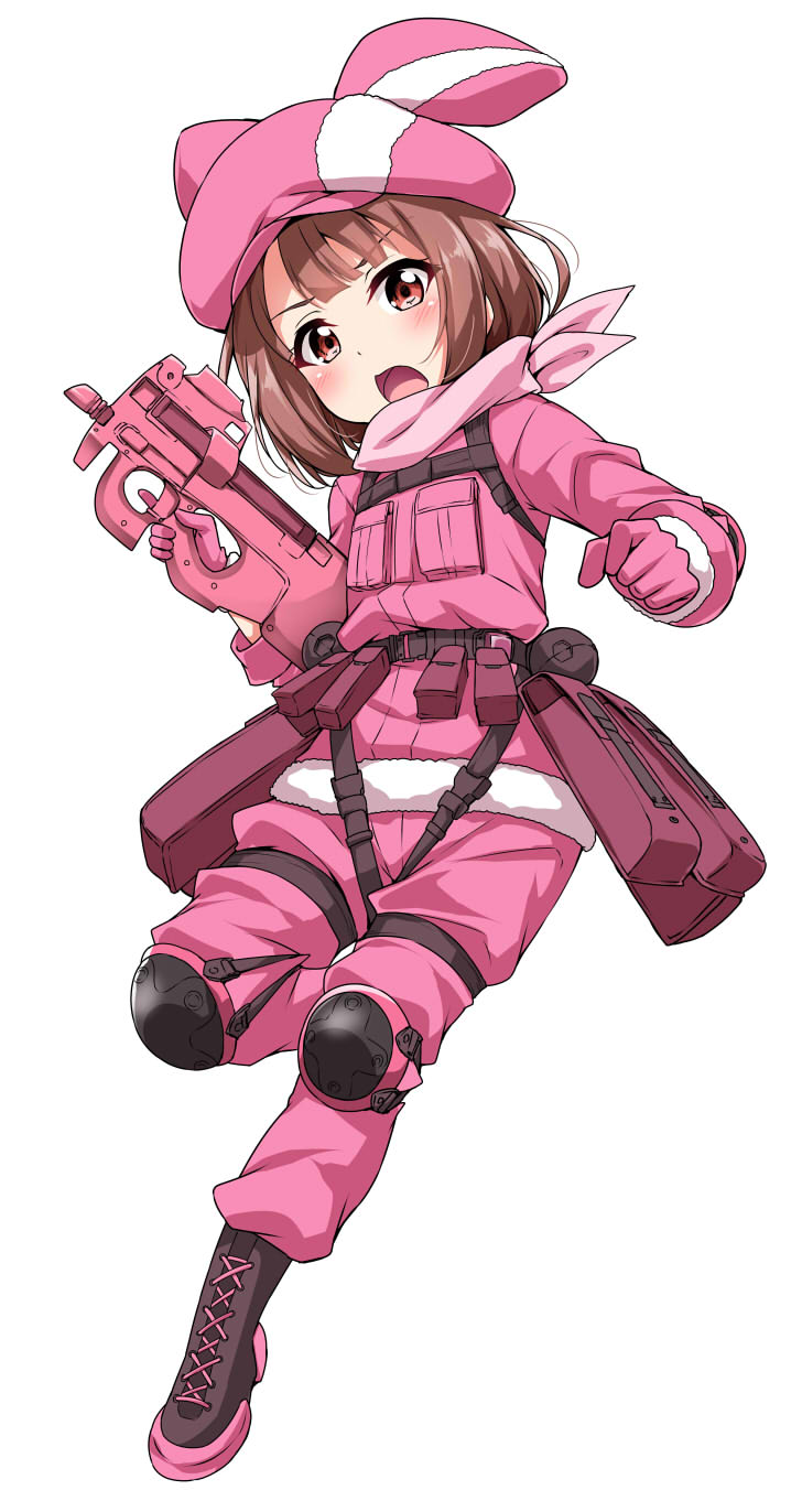 animal_hat bangs belt_pouch boots brown_eyes brown_hair bullpup bunny_hat clenched_hand commentary_request cross-laced_footwear full_body fur_trim gloves gun hat highres holding holding_gun holding_weapon knee_pads llenn_(sao) loaf_of_bread long_sleeves looking_at_viewer military military_uniform open_mouth p-chan_(p-90) p90 pants pink_bandana pink_gloves pink_hat pink_pants pouch red_eyes short_hair simple_background solo standing standing_on_one_leg submachine_gun sword_art_online sword_art_online_alternative:_gun_gale_online uniform v-shaped_eyebrows weapon white_background yopparai_oni