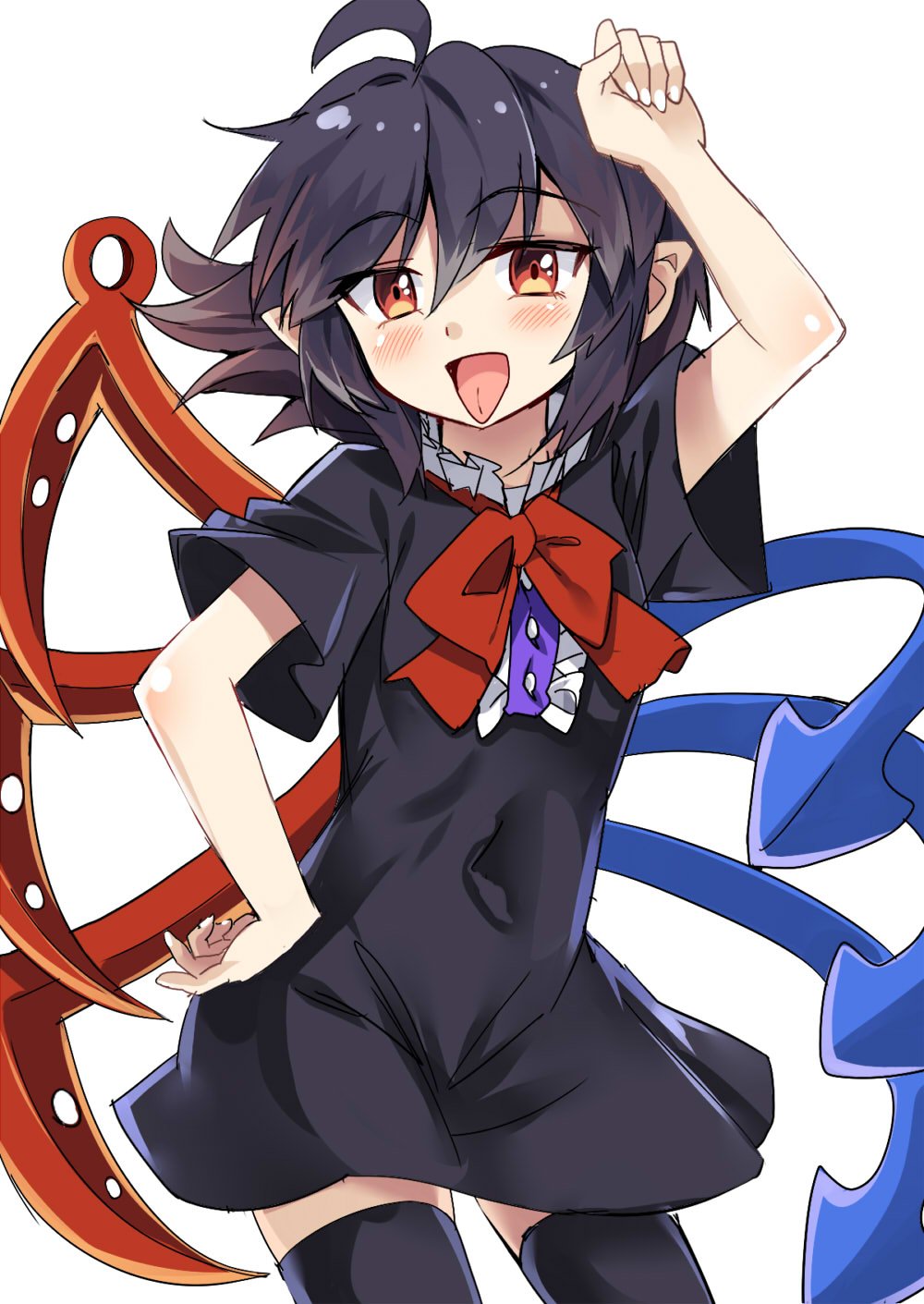 ahoge arm_up asymmetrical_wings black_dress black_hair black_legwear blue_wings blush bow bowtie covered_navel cowboy_shot dress e.o. eyebrows_visible_through_hair frills hair_between_eyes hand_on_hip highres houjuu_nue looking_at_viewer nail_polish open_mouth pointy_ears red_bow red_eyes red_neckwear red_wings short_dress short_hair short_sleeves simple_background smile solo standing thighhighs tongue tongue_out touhou white_background white_nails wings zettai_ryouiki