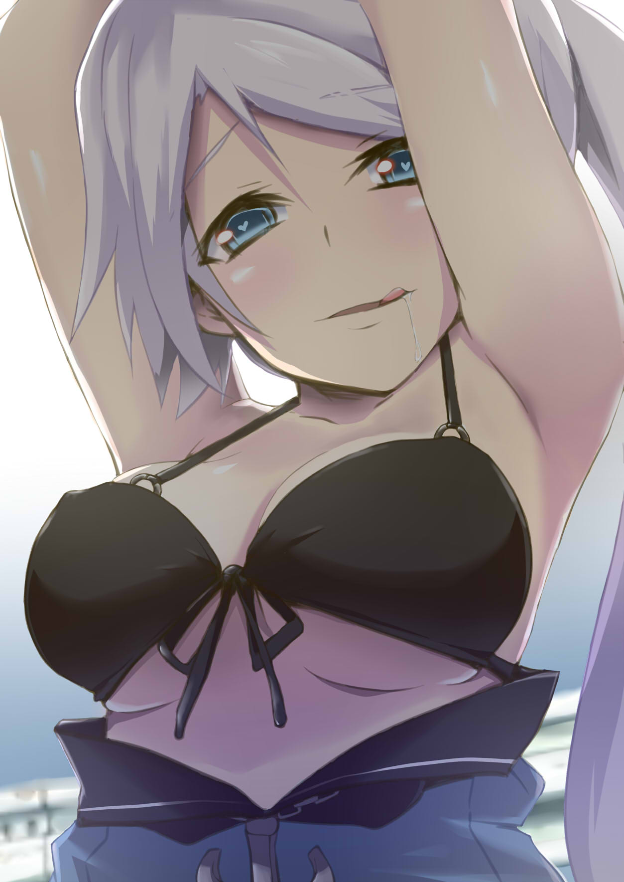 :q ahoge anchor_symbol arms_up ashino_moto azur_lane bangs bare_shoulders bikini black_bikini blue_eyes blush breasts cleavage close-up commentary_request drooling eyebrows_visible_through_hair front-tie_bikini front-tie_top grin heart heart-shaped_pupils heart_ahoge highres jacket jacket_pull large_breasts licking_lips long_hair looking_at_viewer mounting naughty_face open_mouth portland_(azur_lane) rape_face saliva side_ponytail sidelocks silver_hair smile solo swimsuit symbol-shaped_pupils tongue tongue_out underboob upper_body very_long_hair