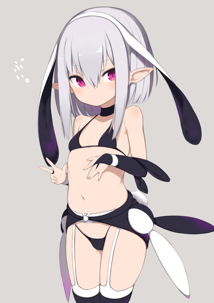 animal_ears bangs bikini black_bikini black_legwear black_skirt blush bunny_ears bunny_tail closed_mouth collar commentary detached_sleeves eyebrows_visible_through_hair flat_chest gamuo garter_straps grey_background grey_hair hair_between_eyes hairband hands_up looking_at_viewer navel original pointy_ears purple_eyes short_hair short_hair_with_long_locks showgirl_skirt simple_background skirt solo swimsuit tail thighhighs tsurime v