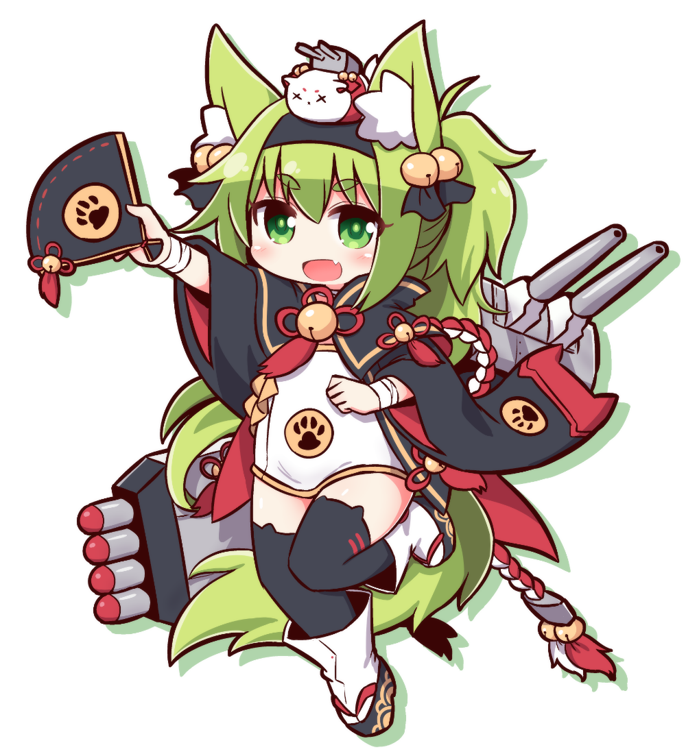 :d animal_ears azur_lane bangs bell black_capelet black_hairband black_legwear black_ribbon blush capelet dress eyebrows eyebrows_visible_through_hair fan fang folding_fan fox_ears fox_tail full_body green_eyes green_hair hair_bell hair_between_eyes hair_ornament hair_ribbon hairband hikimayu holding holding_fan isokaze_(azur_lane) jingle_bell leg_up long_hair long_sleeves looking_at_viewer machinery naga_u no_nose object_on_head open_mouth outstretched_arm paw_print ribbon short_dress silhouette simple_background smile solo tabi tail tassel thick_eyebrows thighhighs torpedo turret v-shaped_eyebrows white_background white_dress wide_sleeves x_x zettai_ryouiki