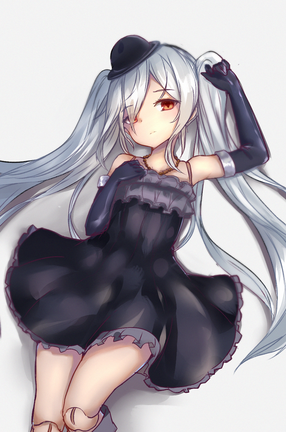 arm_up armpits bangs bare_shoulders black_dress black_gloves black_hat bowler_hat doll_joints dress elbow_gloves eyebrows_visible_through_hair feet_out_of_frame frilled_dress frills gloves granblue_fantasy grey_background grey_hair hand_on_own_chest hat head_tilt highres jewelry knee_up kure_(kure_ng) long_hair looking_at_viewer lying mini_hat necklace on_back orchis parted_bangs red_eyes shiny shiny_hair simple_background sleeveless sleeveless_dress solo twintails very_long_hair