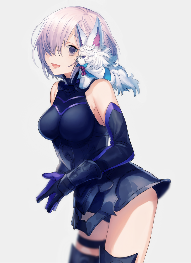 :d armored_leotard asuda bangs bare_shoulders black_gloves black_leotard blush breasts cowboy_shot creature elbow_gloves eyebrows_visible_through_hair fate/grand_order fate_(series) fou_(fate/grand_order) gloves grey_background hair_over_one_eye large_breasts leotard looking_at_viewer mash_kyrielight on_shoulder open_mouth own_hands_together pink_hair purple_eyes simple_background smile