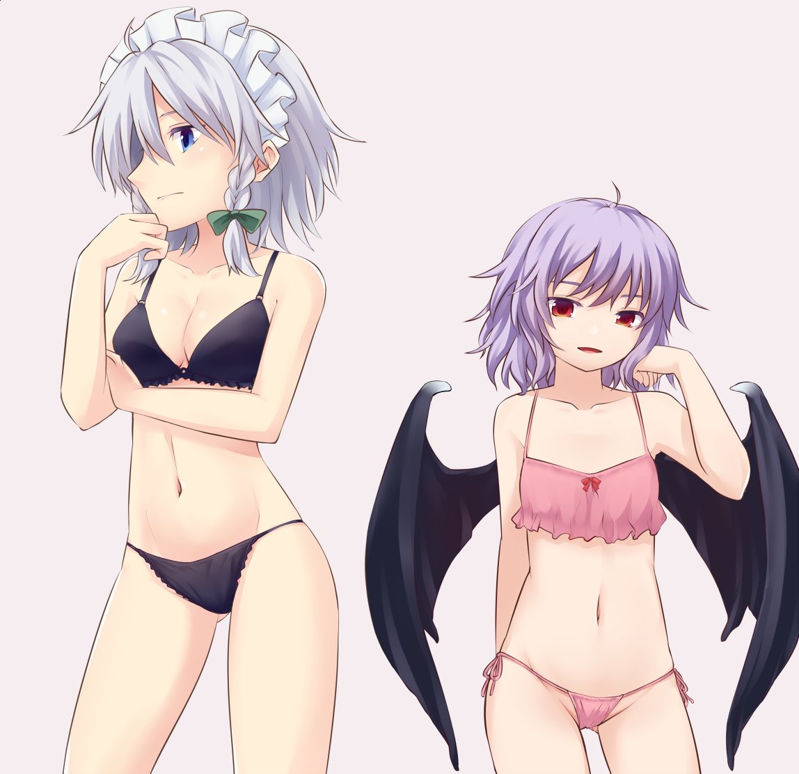 adjusting_hair ass_visible_through_thighs bangs bare_arms bare_shoulders bat_wings black_bra black_panties blue_eyes bow bra braid breasts cleavage collarbone commentary cowboy_shot flat_chest green_bow grey_background groin hair_between_eyes hair_bow hand_on_own_chin hand_up head_tilt izayoi_sakuya lavender_hair looking_at_viewer maid_headdress medium_breasts miyo_(ranthath) multiple_girls navel no_hat no_headwear panties parted_lips pink_bra pink_panties profile red_bow red_eyes remilia_scarlet short_hair side-tie_panties silver_hair simple_background standing stomach touhou twin_braids underwear underwear_only wings