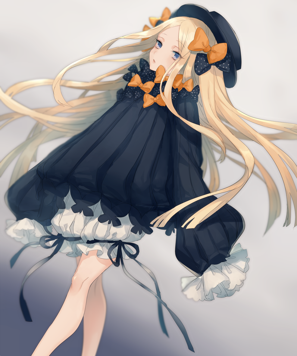 abigail_williams_(fate/grand_order) asuda bangs black_bow black_dress black_hat blonde_hair bloomers blue_eyes blush bow bug butterfly dress eyebrows_visible_through_hair fate/grand_order fate_(series) forehead hair_bow hat insect long_hair long_sleeves orange_bow parted_bangs parted_lips polka_dot polka_dot_bow sleeves_past_fingers sleeves_past_wrists solo underwear very_long_hair white_bloomers