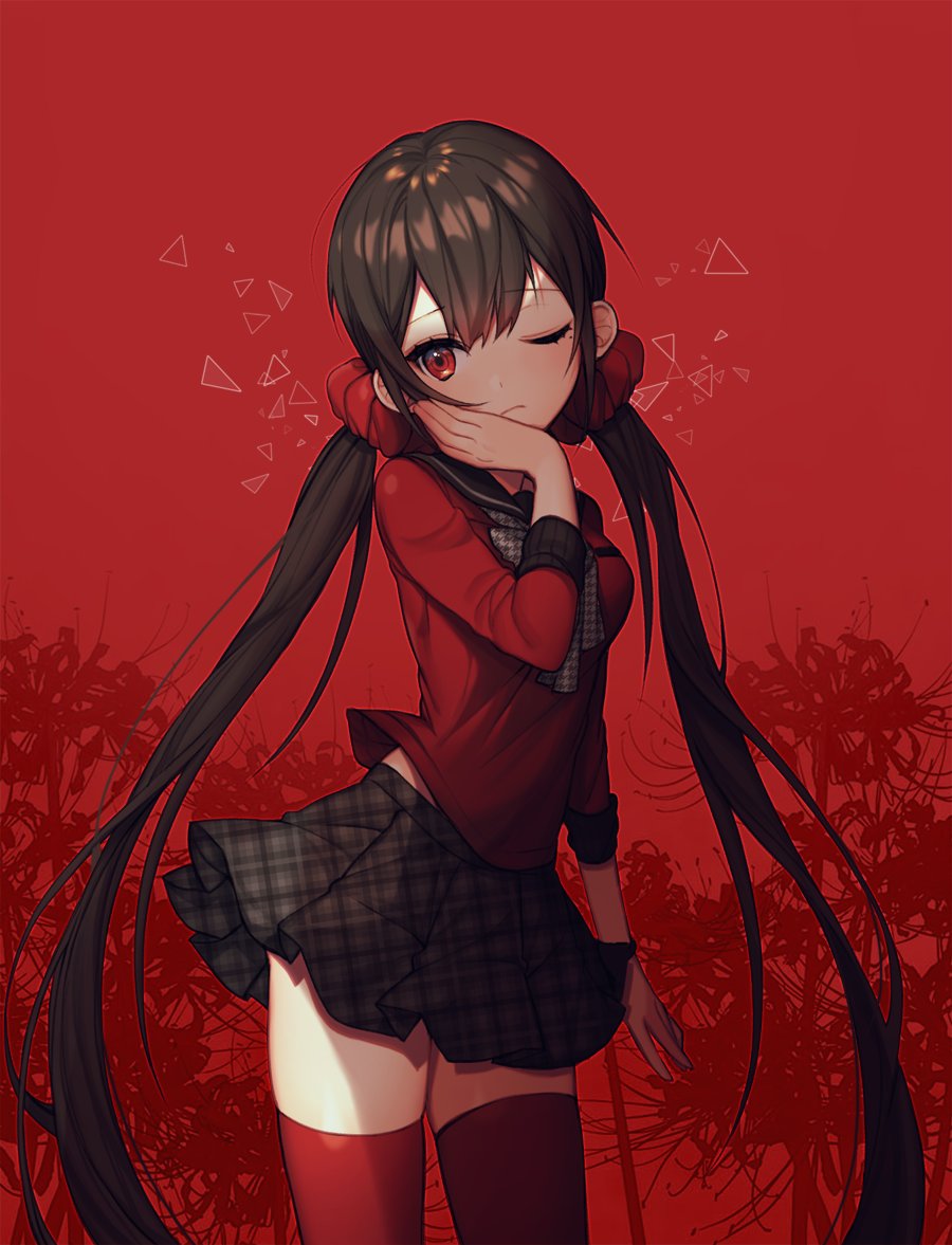 bangs black_hair breasts contrapposto cowboy_shot danganronpa eyebrows_visible_through_hair floral_background flower hair_ornament hand_on_own_face harukawa_maki long_hair long_sleeves looking_at_viewer low_twintails medium_breasts mole mole_under_eye new_danganronpa_v3 one_eye_closed plaid plaid_skirt pleated_skirt raily red_background red_eyes red_legwear school_uniform serafuku shirt skirt solo spider_lily standing thighhighs tsurime twintails very_long_hair zettai_ryouiki