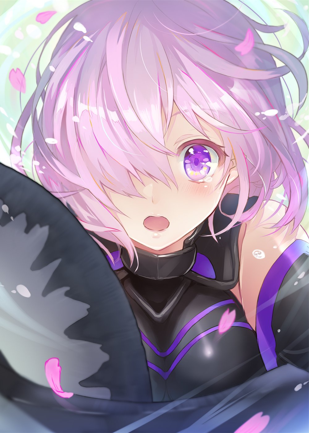 armor bare_shoulders black_armor blush commentary_request eyebrows_visible_through_hair fate/grand_order fate_(series) hair_between_eyes hair_over_one_eye highres holding holding_shield holding_weapon looking_at_viewer mash_kyrielight open_mouth petals purple_eyes purple_hair shield short_hair solo tears weapon yuuki_yuchi