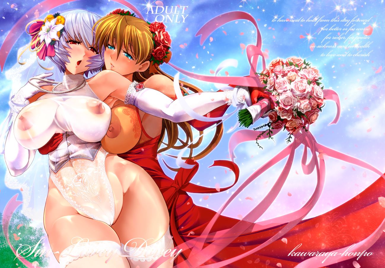 areolae ayanami_rei blue_eyes bouquet breasts bridal_veil brown_hair choker commentary_request couple cover cover_page covered_navel covered_nipples curvy doujin_cover dress elbow_gloves flower gloves hair_flower hair_ornament hug hug_from_behind kawaraya_a-ta lace-trimmed_leotard large_breasts lavender_hair leotard long_hair multiple_girls neon_genesis_evangelion nipples no_bra pearl red_dress red_eyes red_flower red_gloves red_rose ribbon rose see-through sheer_clothes sheer_leotard shikinami_asuka_langley short_hair souryuu_asuka_langley text_focus thighhighs underbust veil white_gloves white_legwear wife_and_wife yuri