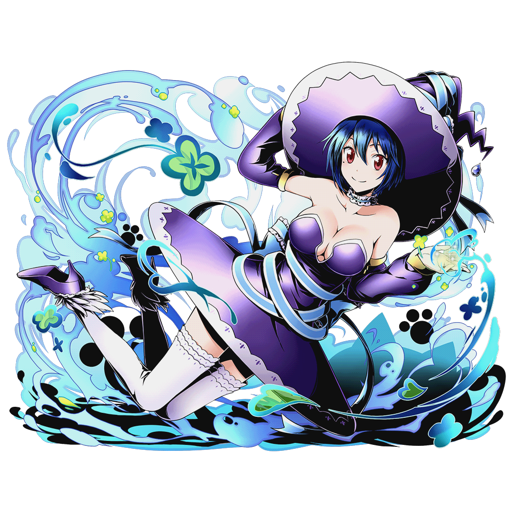 belt blue_bow blue_hair blue_ribbon bow breasts cleavage closed_mouth collarbone detached_sleeves divine_gate dress hair_between_eyes hat high_heels jewelry large_breasts long_sleeves looking_at_viewer mole mole_under_eye nisekoi purple_dress purple_footwear purple_hat red_eyes ribbon short_hair smile thighhighs tsugumi_seishirou ucmm white_legwear witch witch_hat