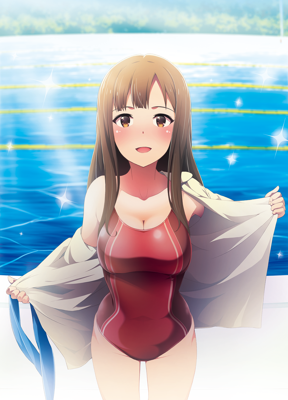 breasts brown_eyes brown_hair cleavage competition_swimsuit cowboy_shot highres idolmaster idolmaster_cinderella_girls kabayaki_unagi lane_line large_breasts long_hair looking_at_viewer mizumoto_yukari one-piece_swimsuit open_clothes open_mouth open_shirt pool smile solo sparkle swimsuit