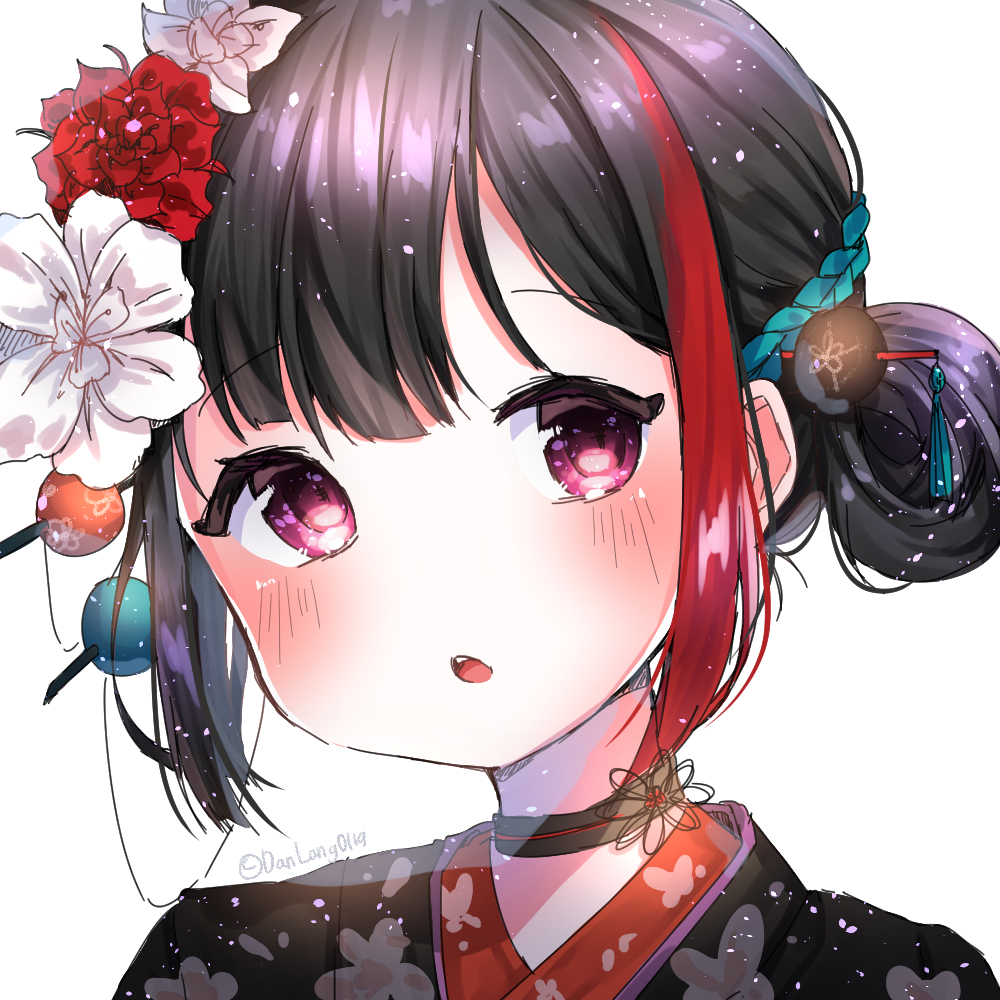 :o bang_dream! black_choker black_hair blush choker dan_lang eyebrows_visible_through_hair flower hair_between_eyes hair_flower hair_ornament hair_stick hair_up hanbok head_tilt korean_clothes looking_at_viewer mitake_ran multicolored_hair portrait red_eyes shiny shiny_hair short_hair simple_background solo streaked_hair twitter_username upper_body white_background