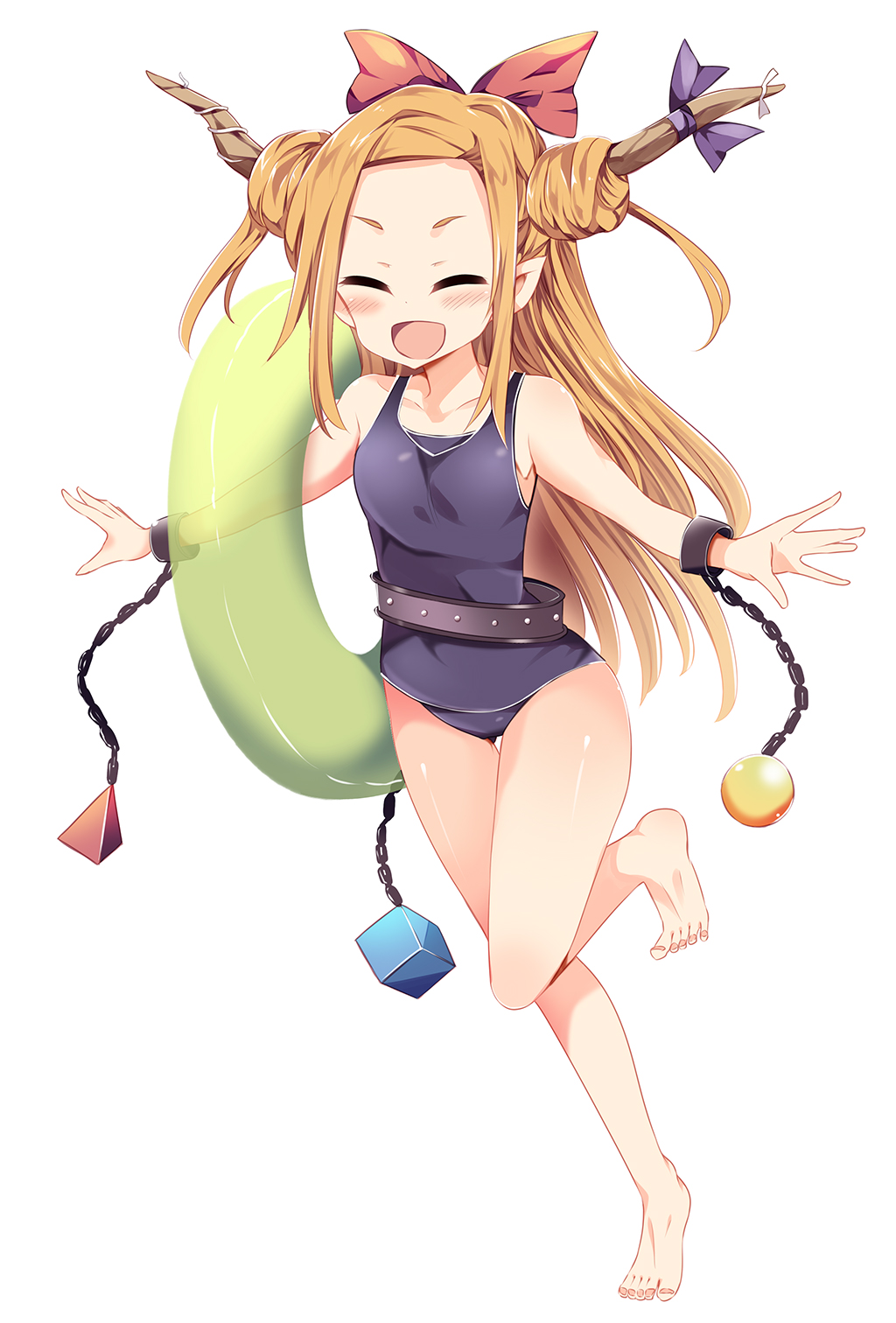 :d alternate_hairstyle bare_legs barefoot belt blue_ribbon blush bow chain closed_eyes cuffs double_bun forehead full_body green_innertube hair_bow highres horn_ribbon horns ibuki_suika innertube leg_up long_hair maturiuta_sorato one-piece_swimsuit open_mouth orange_hair pointy_ears red_bow ribbon simple_background smile solo standing swimsuit thigh_gap touhou transparent very_long_hair white_background