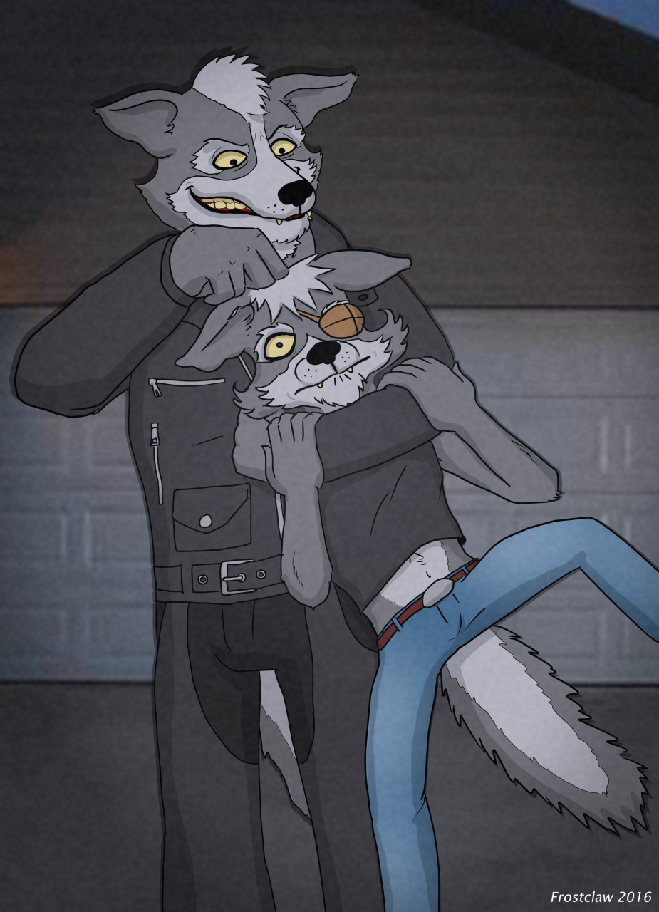 2016 anthro belt black_nose cael_o'donnell canine clothing digital_media_(artwork) eye_patch eyewear father frostclaw fur grey_fur invalid_color jacket jeans male mammal nintendo noogie pants parent son star_fox star_fox_the_animated_series video_games wolf wolf_o'donnell yellow_eyes yellow_teeth young