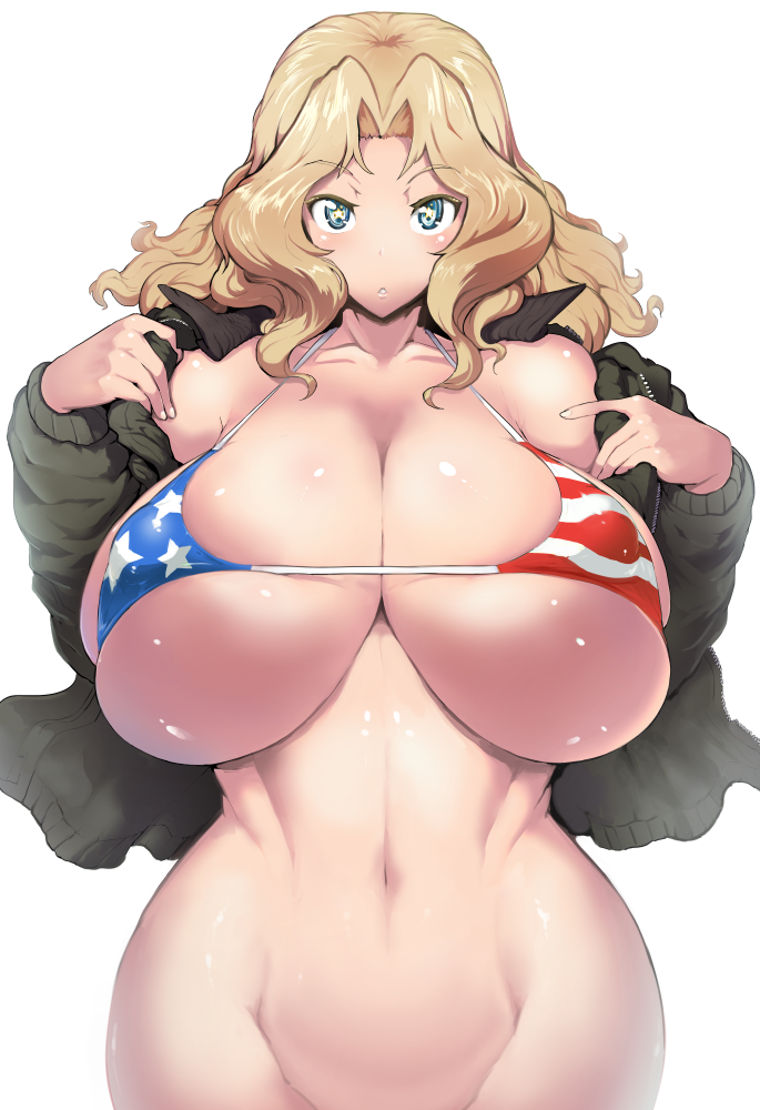 american_flag_bikini bikini blonde_hair blue_eyes bottomless breasts brown_jacket commentary_request covered_nipples cowboy_shot curvy eyebrows_visible_through_hair flag_print gigantic_breasts girls_und_panzer groin hair_intakes jacket kay_(girls_und_panzer) long_hair long_sleeves looking_at_viewer navel open_clothes open_jacket opened_by_self out-of-frame_censoring parted_lips sasaki_tatsuya saunders_military_uniform shiny shiny_skin simple_background skindentation solo standing swimsuit white_background wide_hips