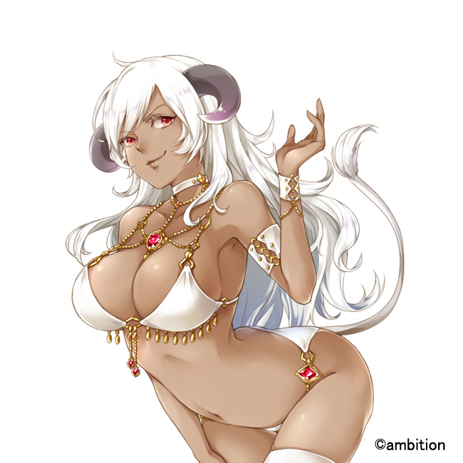 armband bad_anatomy bare_shoulders bra breasts choker dark_skin gem hand_on_own_leg hand_up himekiss horns jewelry large_breasts leaning_forward long_hair looking_at_viewer maru-kichi navel necklace official_art panties red_eyes sheep_horns smile smirk solo tail thighhighs underwear very_long_hair white_bra white_choker white_hair white_legwear white_panties wristband