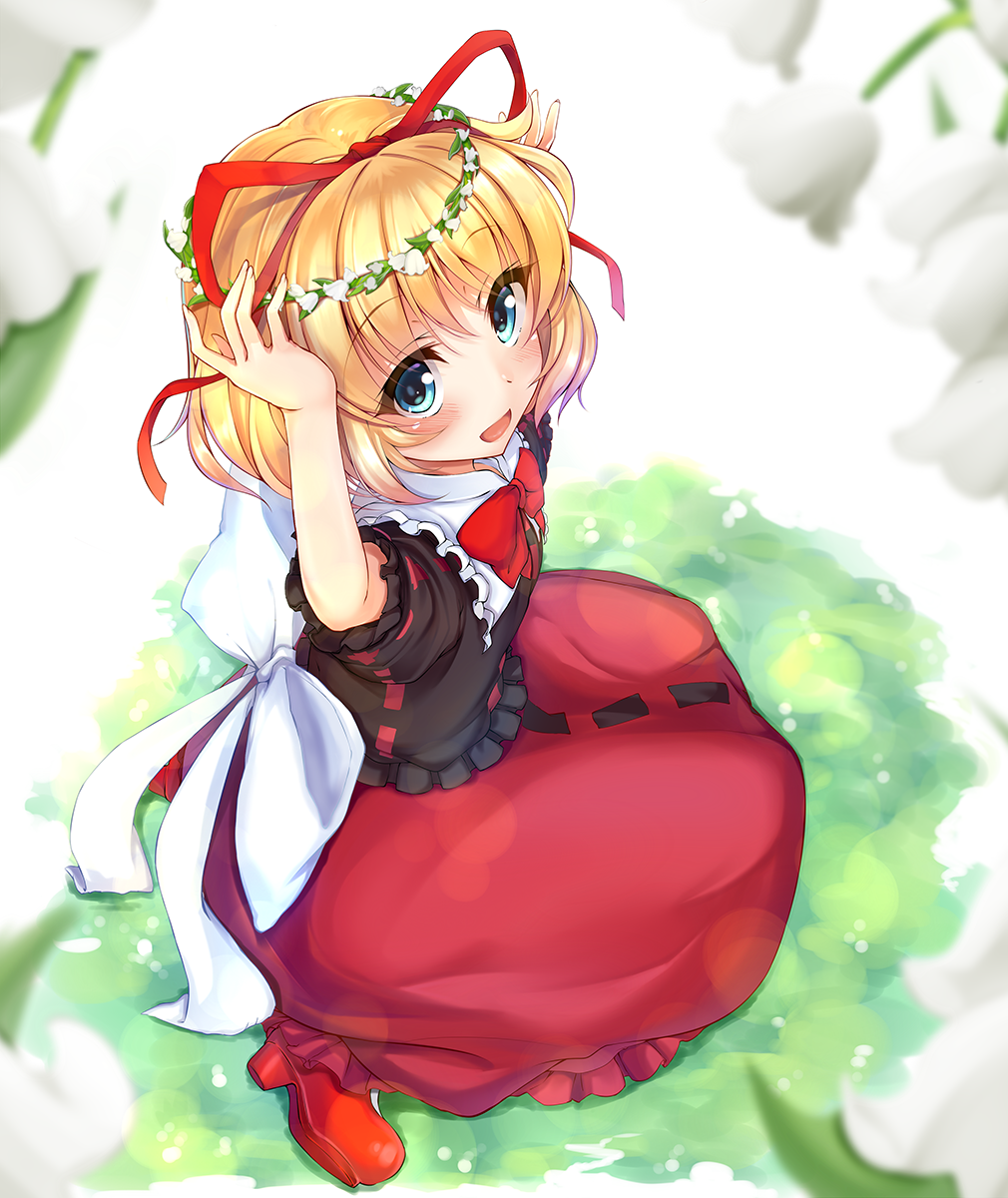 :d arms_up bangs blonde_hair blue_eyes blurry blurry_foreground blush bow brown_shirt commentary_request depth_of_field eyebrows_visible_through_hair fingernails flower flower_wreath fukiaki grass hair_between_eyes hair_ribbon head_wreath highres looking_at_viewer looking_to_the_side looking_up medicine_melancholy on_grass open_mouth puffy_short_sleeves puffy_sleeves red_footwear red_ribbon red_skirt ribbon shirt short_hair short_sleeves sitting skirt smile solo touhou wariza white_bow white_flower