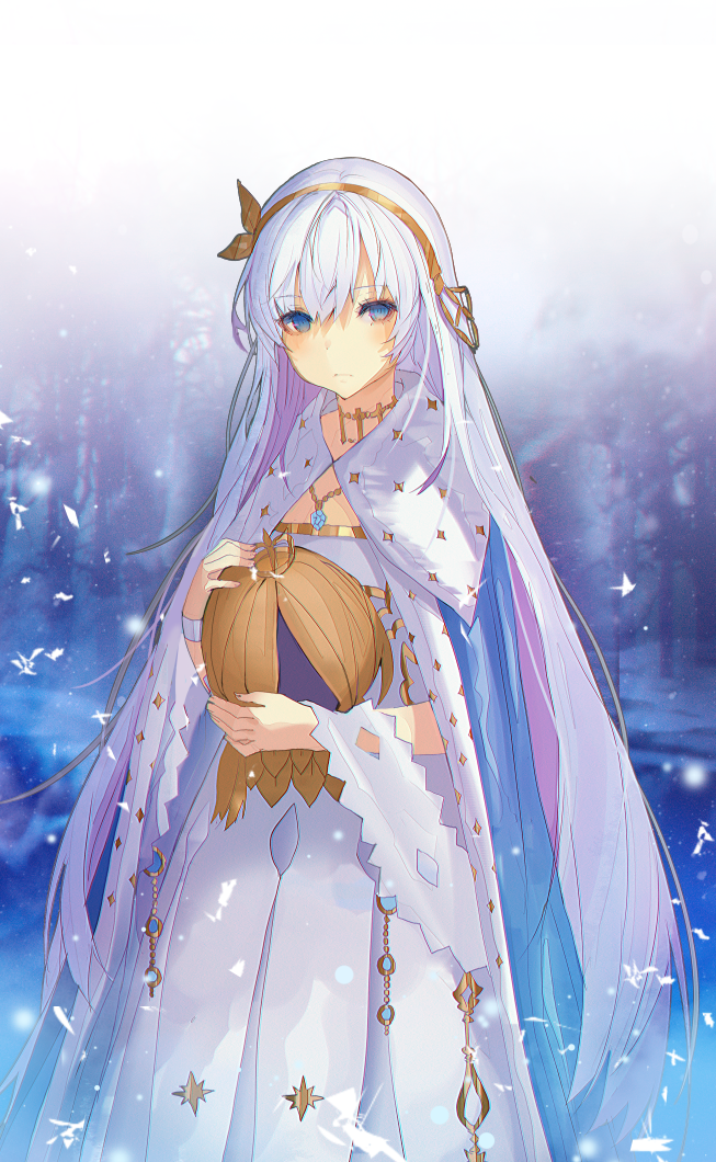 anastasia_(fate/grand_order) bad_id bad_pixiv_id bangs blue_cloak blue_eyes blurry blurry_background blush brown_hairband brown_ribbon cloak closed_mouth commentary crown depth_of_field dress eyebrows_visible_through_hair fate/grand_order fate_(series) fingernails hair_between_eyes hair_ribbon hairband holding light_brown_hair lloule long_hair looking_at_viewer mini_crown outdoors ribbon silver_hair solo tree very_long_hair white_dress