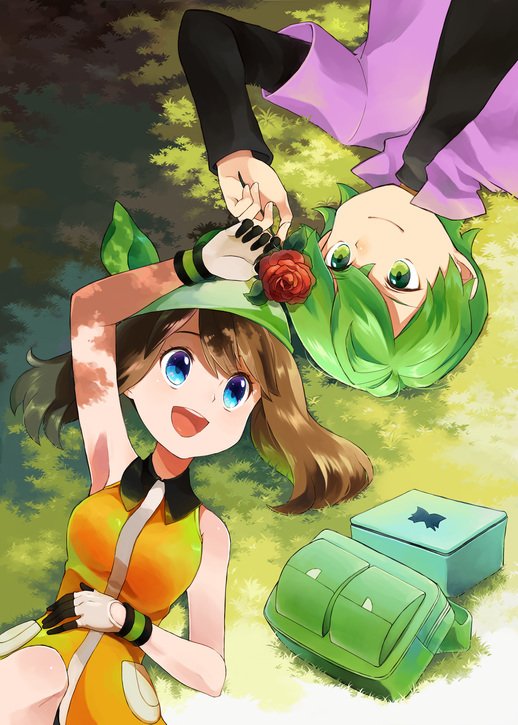 1girl :d backpack backpack_removed bag bandana blue_eyes box breasts brown_hair commentary_request couple flower gloves green_eyes green_hair haruka_(pokemon) hetero holding holding_flower lying medium_breasts multicolored multicolored_clothes multicolored_gloves on_back open_mouth pokemon pokemon_(anime) pokemon_ag pokemon_dp_(anime) red_flower red_rose rose sasairebun short_hair shuu_(pokemon) smile