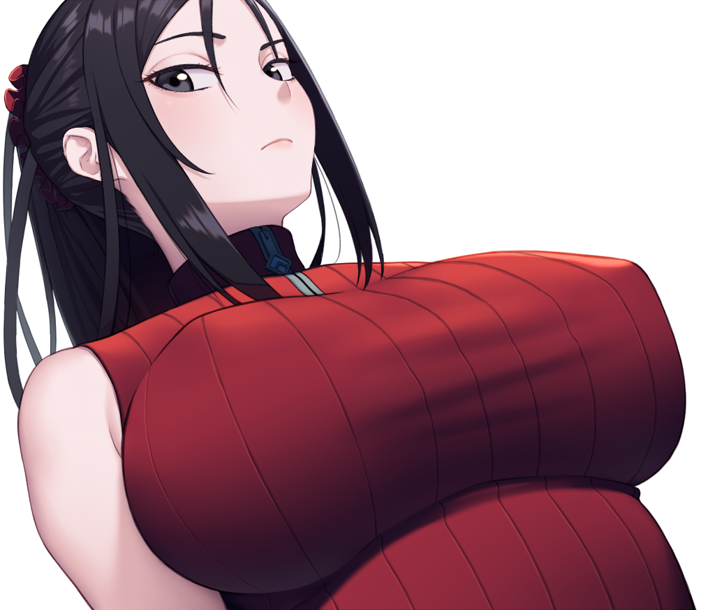 amase_(yagami666) black_eyes black_hair breasts covered_nipples dutch_angle expressionless from_below kai_schren large_breasts lips long_hair looking_at_viewer ponytail red_scrunchie ribbed_sweater scrunchie senjou_no_valkyria senjou_no_valkyria_4 simple_background sleeveless solo sweater turtleneck upper_body white_background