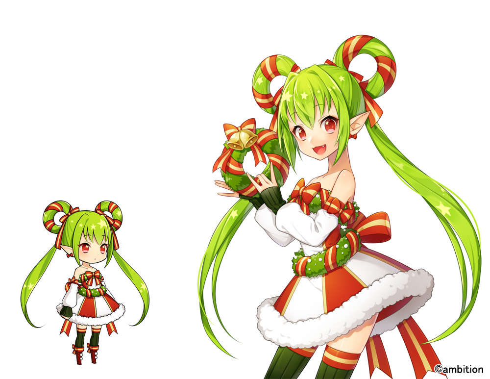 :d aki_no_jikan arms_at_sides bare_shoulders bell bow earrings elf green_hair green_legwear hair_rings jewelry long_hair looking_at_viewer maru-kichi multiple_views official_art open_mouth pointy_ears red_bow red_eyes skirt smile standing striped striped_bow striped_skirt thighhighs twintails watermark wreath