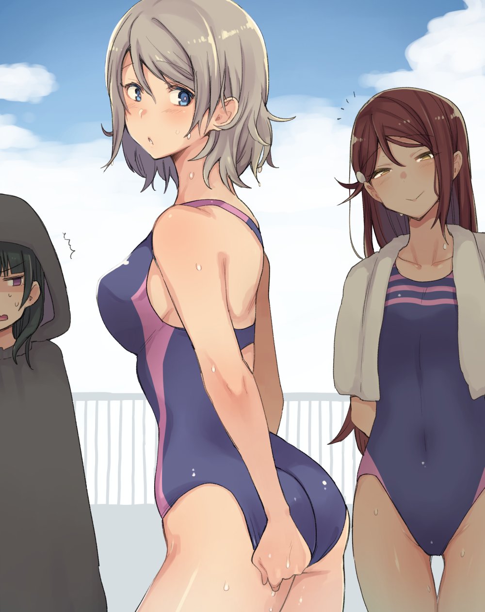 adjusting_clothes adjusting_swimsuit ass bare_shoulders blue_eyes blue_hair blue_swimsuit blush breasts cloak closed_mouth commentary_request competition_swimsuit covered_navel covering covering_ass day from_behind grey_hair highres ind-kary long_hair looking_back love_live! love_live!_sunshine!! medium_breasts multiple_girls one-piece_swimsuit outdoors parted_lips purple_eyes red_hair sakurauchi_riko shiny shiny_hair shiny_skin short_hair smile standing swimsuit towel tsushima_yoshiko watanabe_you wet yellow_eyes