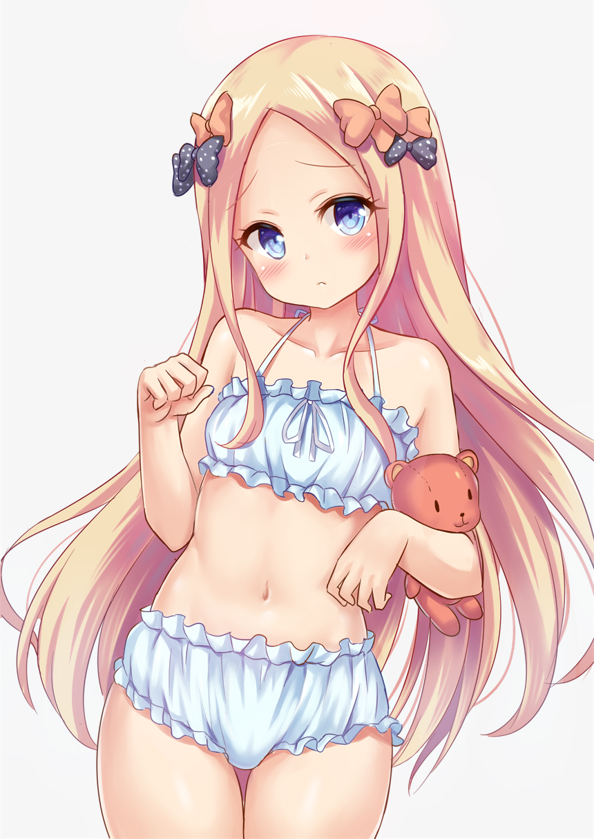 abigail_williams_(fate/grand_order) aqua_eyes aqua_panties bow cinderella_bust collarbone commentary_request fate/grand_order fate_(series) hair_bow hair_ribbon highres light_brown_hair long_hair looking_at_viewer navel panties paw_pose ribbon shimokirin simple_background solo stuffed_animal stuffed_toy teddy_bear underwear underwear_only white_background