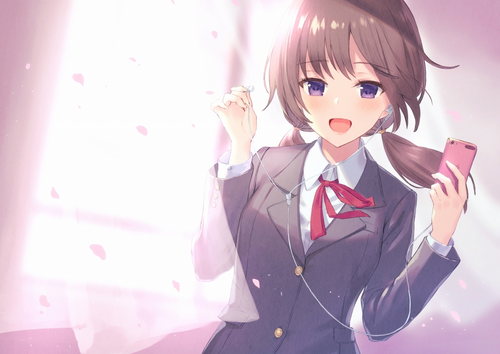 :d backlighting bangs black_jacket blazer blush brown_hair cable cellphone collared_shirt curtains earphones eyebrows_visible_through_hair flat_chest hair_tie hands_up haru_(hiyori-kohal) holding holding_phone indoors jacket long_hair long_sleeves looking_at_viewer low_twintails neck_ribbon open_mouth original petals phone purple_eyes red_neckwear red_ribbon ribbon school_uniform shiny shiny_hair shirt single_earphone_removed smartphone smile solo twintails upper_body white_shirt wind window wing_collar
