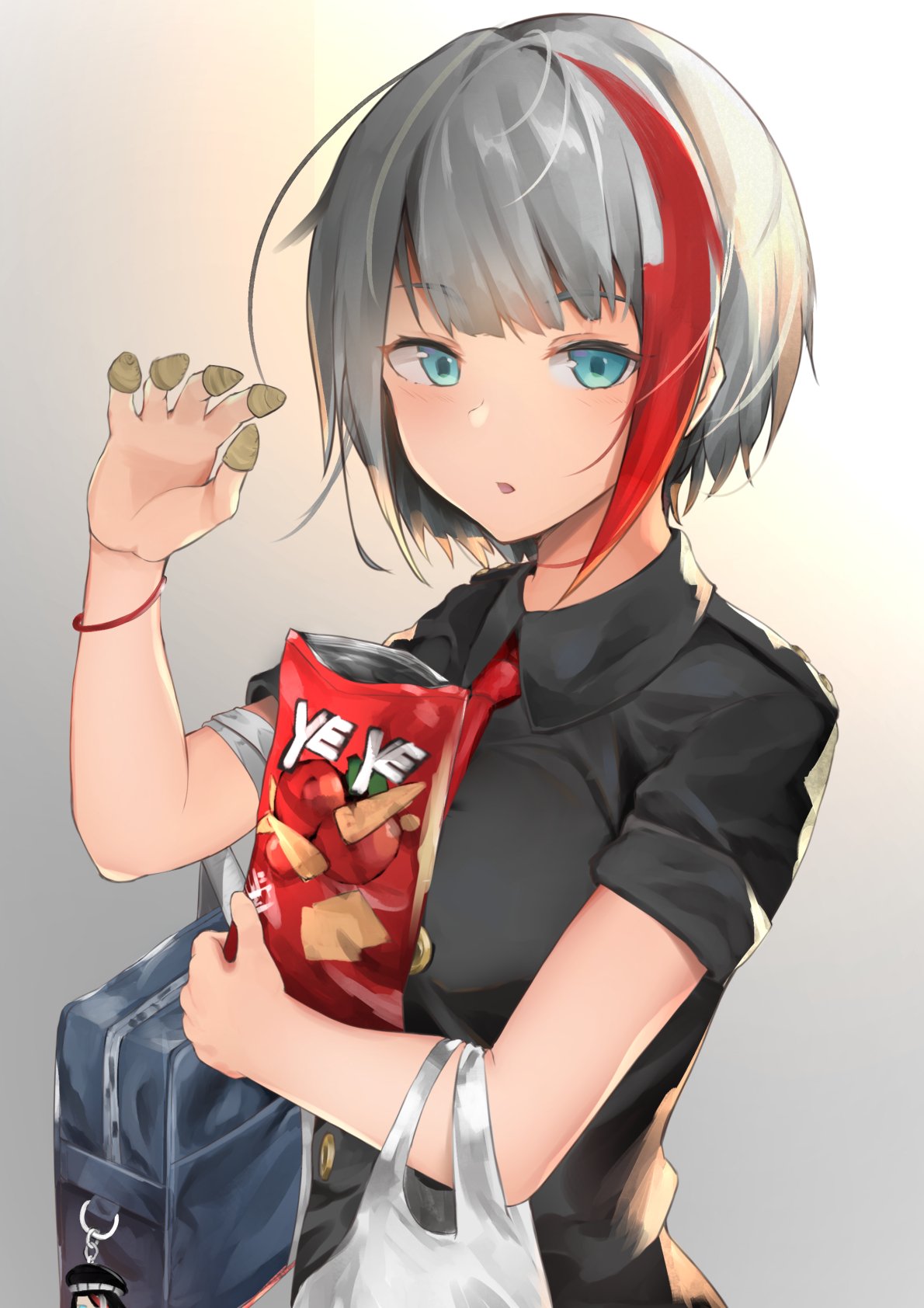 admiral_graf_spee_(azur_lane) aqua_eyes azur_lane bag black_dress bugles carrying commentary_request dress gradient gradient_background highres ikashun looking_at_viewer multicolored_hair necktie parted_lips school_bag shopping_bag short_hair silver_hair simple_background snack solo two-tone_hair