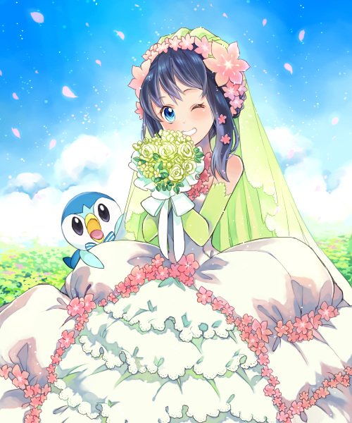 blue_eyes blue_hair bouquet bridal_veil commentary_request dress elbow_gloves flower frilled_dress frills gloves hair_flower hair_ornament hikari_(pokemon) looking_at_viewer one_eye_closed petals piplup pokemon pokemon_(anime) sasairebun short_hair solo veil wedding_dress