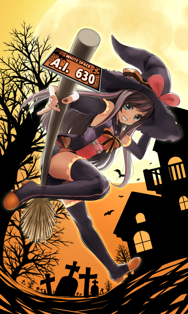 :d a.i._channel adapted_costume animal aqua_eyes bangs bare_shoulders bare_tree bat black_hat black_legwear black_nails black_shorts bow bowtie broom broom_riding brown_hair building buttons cross detached_sleeves eyebrows fingernails full_body full_moon halloween hat hat_bow jack-o'-lantern kizuna_ai license_plate long_hair long_sleeves moon multicolored multicolored_hair multicolored_nails nail_art nail_polish number open_mouth orange_footwear orange_nails orange_sky pink_hair pink_nails pinky_out shirt shoes shorts silk sky sleeveless sleeveless_shirt smile solo soranaka_ame spider_web straight_hair streaked_hair striped striped_bow striped_neckwear thighhighs tombstone tree two-tone_hair virtual_youtuber window witch_hat