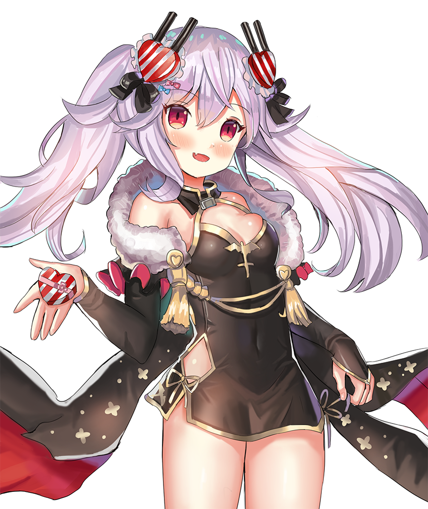 :d ame_sagari azur_lane blush box breasts china_dress chinese_clothes chocolate chocolate_heart cleavage commentary_request detached_sleeves dress fang gift gift_box hair_ornament heart heart_hair_ornament long_hair looking_at_viewer open_mouth red_eyes silver_hair simple_background small_breasts smile solo vampire_(azur_lane) white_background