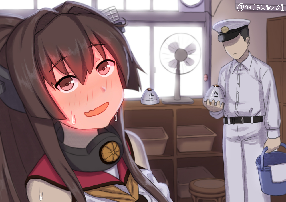 1girl :d admiral_(kantai_collection) belt black_hair blush breast_padding brown_hair bucket commentary electric_fan embarrassed faceless faceless_male full-face_blush hat kantai_collection long_hair military military_uniform misumi_(niku-kyu) naval_uniform open_mouth peaked_cap ponytail red_eyes revision smile sweat sweating_profusely twitter_username type_91_armor-piercing_shell uniform wavy_mouth yamato_(kantai_collection)