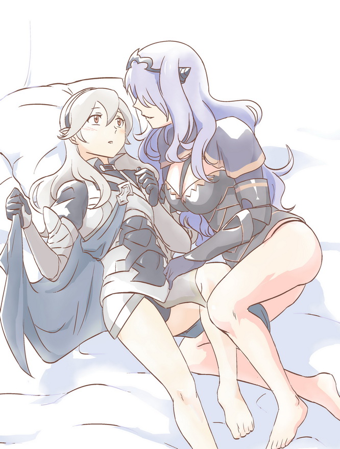 armor barefoot black_armor black_panties blush breasts camilla_(fire_emblem_if) cape cleavage commentary female_my_unit_(fire_emblem_if) fire_emblem fire_emblem_if flauschtraut gloves hairband large_breasts long_hair looking_at_another lying multiple_girls my_unit_(fire_emblem_if) no_pants on_back open_mouth panties pillow pointy_ears purple_hair red_eyes silver_hair underwear wavy_hair yuri