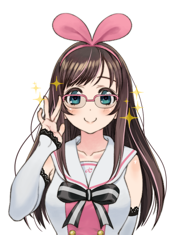 a.i._channel adjusting_eyewear aqua_eyes bangs bespectacled blush bow bowtie breasts brown_hair buttons closed_mouth collarbone detached_sleeves eyebrows glasses hairband hand_up kizuna_ai lace lace-trimmed_sleeves lace_trim long_hair long_sleeves looking_at_viewer medium_breasts multicolored_hair over-rim_eyewear pink-framed_eyewear pink_hair pink_hairband sailor_collar school_uniform semi-rimless_eyewear serafuku shirt sidelocks simple_background sleeveless sleeveless_shirt sleeves_past_wrists smile solo soranaka_ame sparkle straight_hair streaked_hair striped striped_bow striped_neckwear two-tone_hair upper_body virtual_youtuber white_background white_sailor_collar