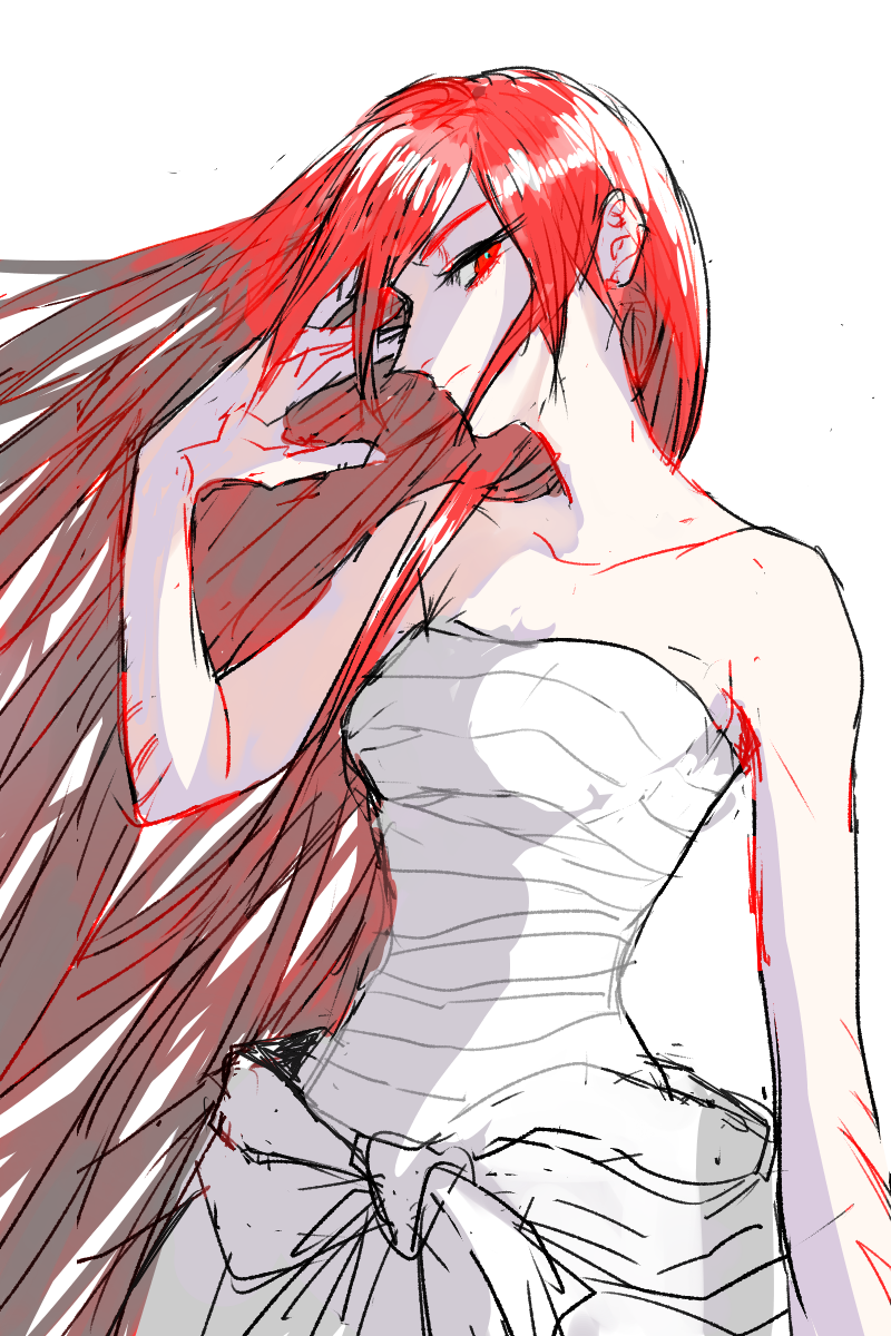 bandages breasts chikuwa_oishii hand_in_hair highres long_hair looking_at_viewer medium_breasts red_eyes red_hair sarashi shut_hell shut_hell_(character) simple_background sketch solo upper_body white_background