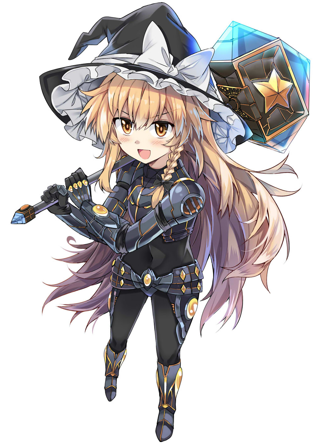:d alternate_costume armor bangs black_bodysuit black_hat blonde_hair bodysuit bow braid commentary_request covered_navel e.o. eyebrows_visible_through_hair foreshortening full_body hammer hat hat_bow highres holding holding_hammer kirisame_marisa legs_apart light_blush long_hair looking_at_viewer open_mouth raised_eyebrows side_braid simple_background single_braid smile solo standing star touhou weapon white_background white_bow witch_hat yellow_eyes