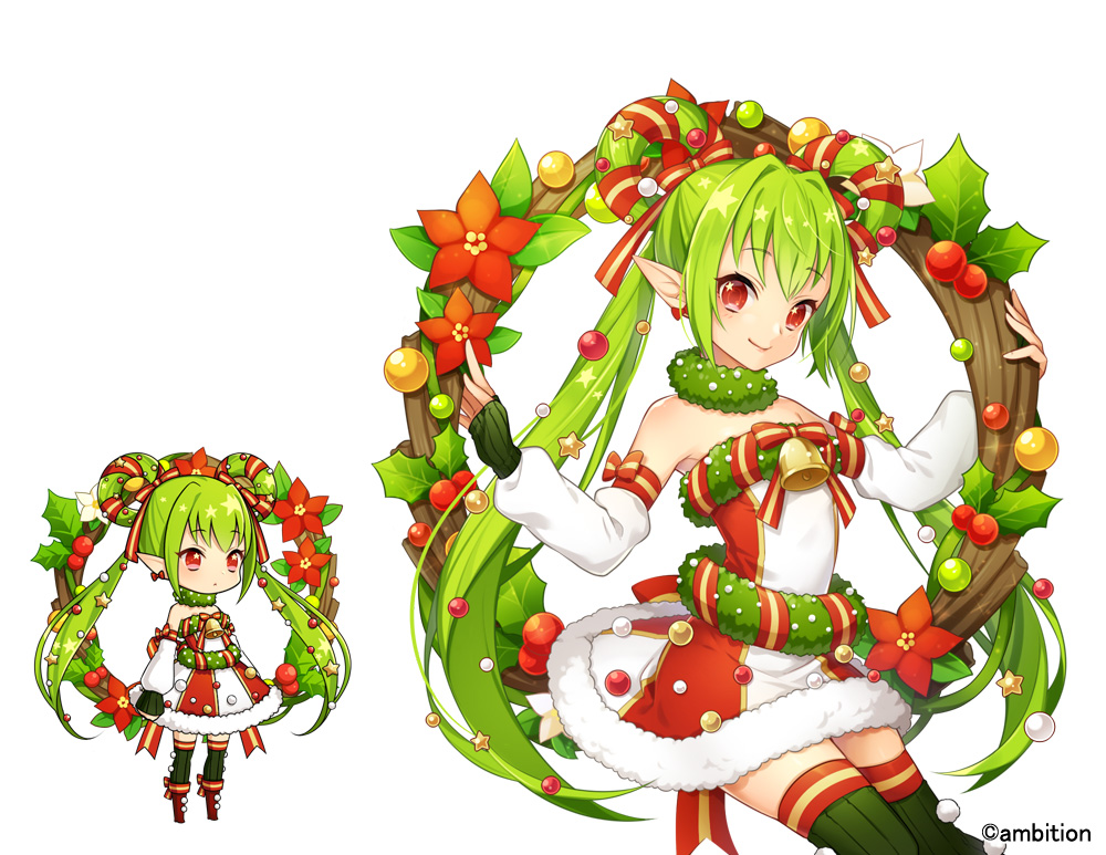 aki_no_jikan arms_at_sides bare_shoulders bow detached_sleeves earrings elf flower green_hair green_legwear hair_ornament hair_rings holly jewelry long_hair looking_at_viewer maru-kichi multiple_views official_art poinsettia pointy_ears red_bow red_eyes sitting skirt standing star star_hair_ornament striped striped_skirt thighhighs twintails watermark wreath