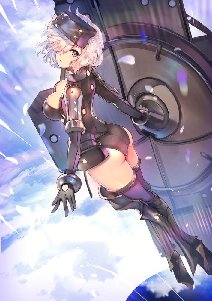 armor armored_boots ass bangs black_armor black_gloves black_legwear black_leotard boots bracer breasts cleavage cloud cloudy_sky commentary day dutch_angle fate/grand_order fate_(series) floating from_side full_body gloves glowing gorget gradient greaves hair_over_one_eye hips holding holding_shield kneepits lavender_hair legs_together leotard long_sleeves looking_at_viewer looking_back looking_to_the_side mash_kyrielight medium_breasts ortenaus outdoors parted_lips pauldrons petals pouch purple_eyes purple_hair purple_legwear shield short_hair sky solo teddy_(khanshin) thighhighs thighs vr_visor