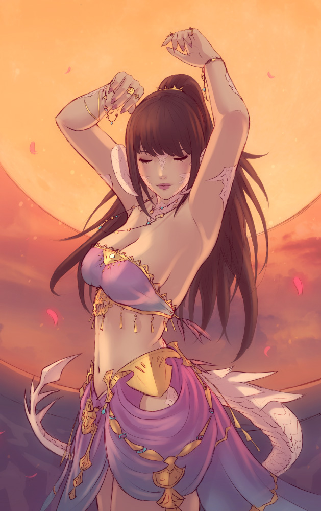 armpits arms_up au_ra bandeau bangs bracelet breasts brown_hair cleavage closed_eyes closed_mouth commission cowboy_shot detached_collar dragon_horns dragon_tail final_fantasy final_fantasy_xiv full_moon harem_outfit high_ponytail horns jewelry lips lipstick long_hair makeup medium_breasts midriff moon nail_polish navel necklace orange_background pelvic_curtain pink_lipstick pink_nails profile ring scales solo soranamae standing strapless tail