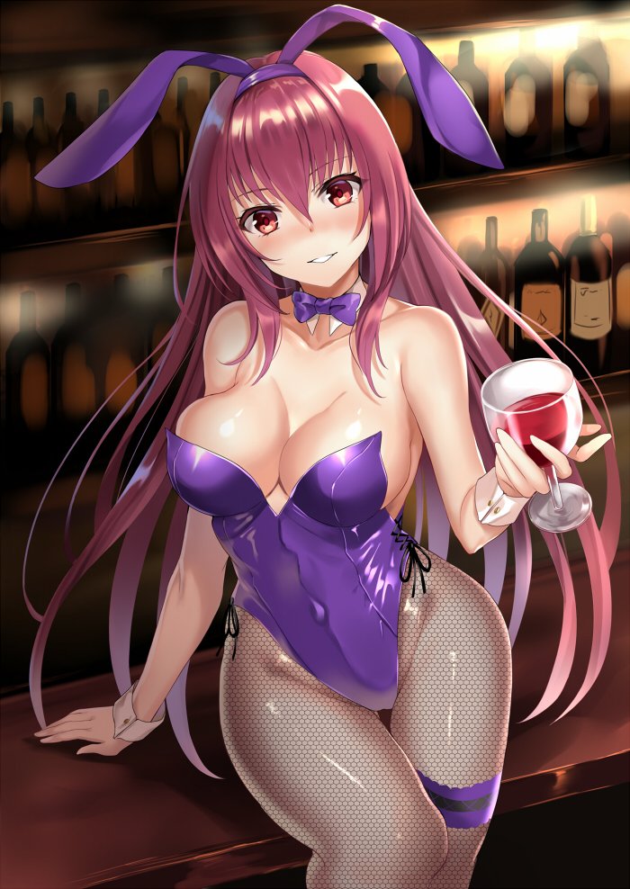 alcohol animal_ears bar bare_shoulders blush bottle bow bowtie breasts bunny_ears bunny_girl bunnysuit cleavage commentary_request covered_navel cup detached_collar drinking_glass fate/grand_order fate_(series) fishnet_pantyhose fishnets harimoji hips large_breasts leotard long_hair looking_at_viewer pantyhose purple_hair red_eyes scathach_(fate)_(all) scathach_(fate/grand_order) shiny shiny_clothes shiny_skin sitting smile solo thighs wine wrist_cuffs