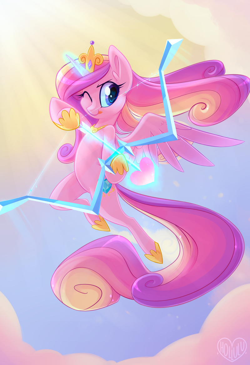 &lt;3 action_pose arrow blue_eyes bow_(weapon) cloudscape crown day equine feathered_wings feathers female feral friendship_is_magic fur hollulu horn mammal my_little_pony outside pink_fur pose princess_cadance_(mlp) ranged_weapon royalty sky solo weapon winged_unicorn wings