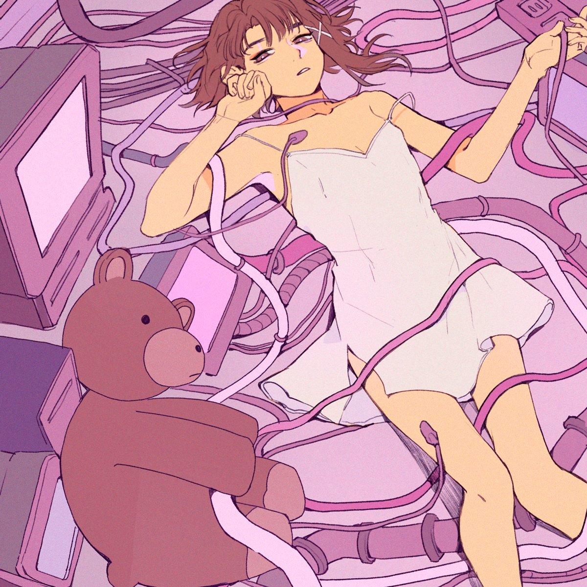 armpits bare_shoulders cable commentary computer dress highres iwakura_lain looking_at_viewer lying monitor on_back purple serial_experiments_lain short_hair strap_slip stuffed_animal stuffed_toy teddy_bear vacuumchan white_dress