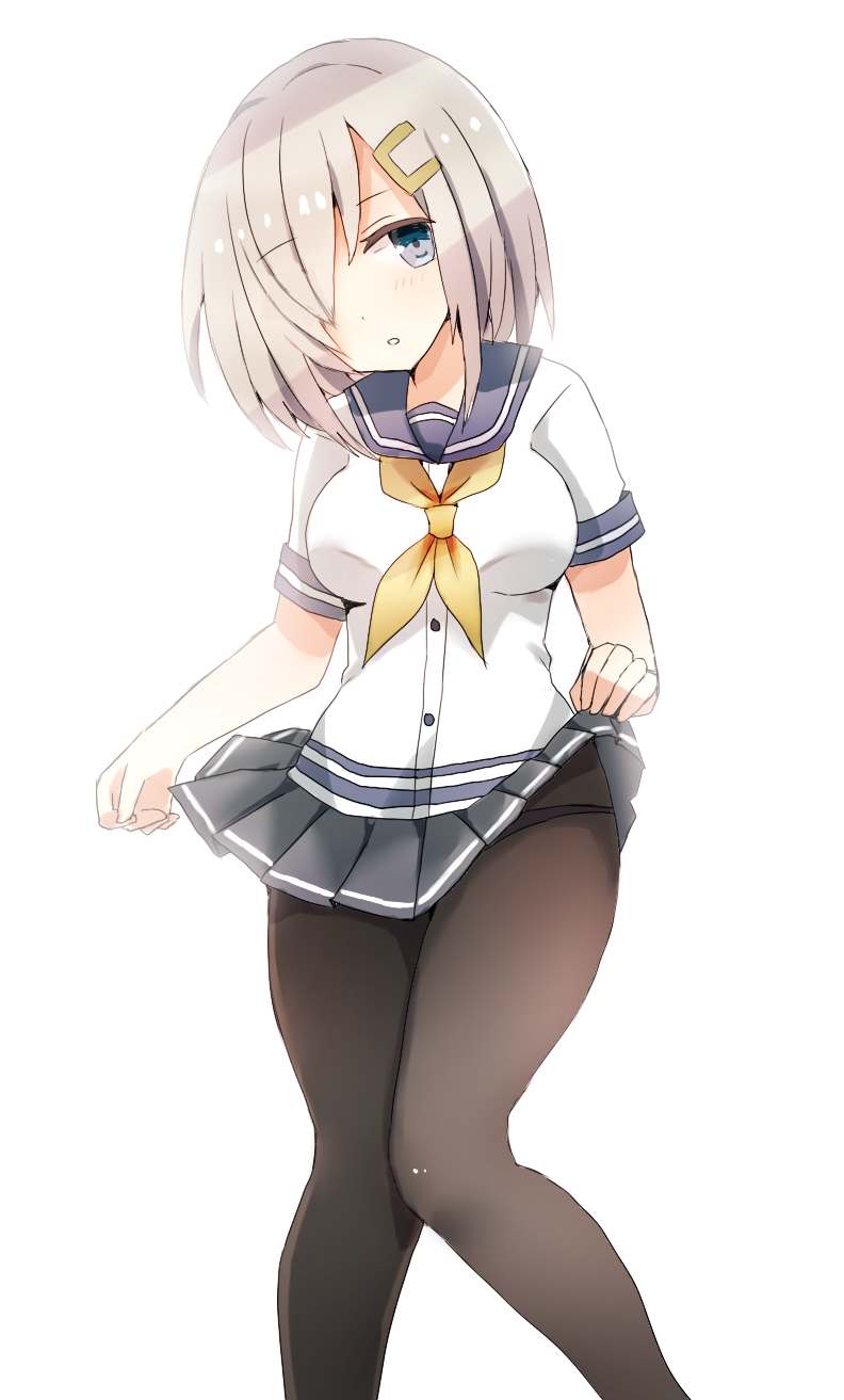 black_legwear blue_eyes blue_sailor_collar breasts feet_out_of_frame grey_skirt hair_ornament hair_over_one_eye hairclip hamakaze_(kantai_collection) head_tilt highres kantai_collection large_breasts lifted_by_self looking_at_viewer mazeru_(jisjifin) neckerchief pleated_skirt sailor_collar school_uniform serafuku short_hair short_sleeves silver_hair simple_background skirt skirt_lift solo standing white_background yellow_neckwear