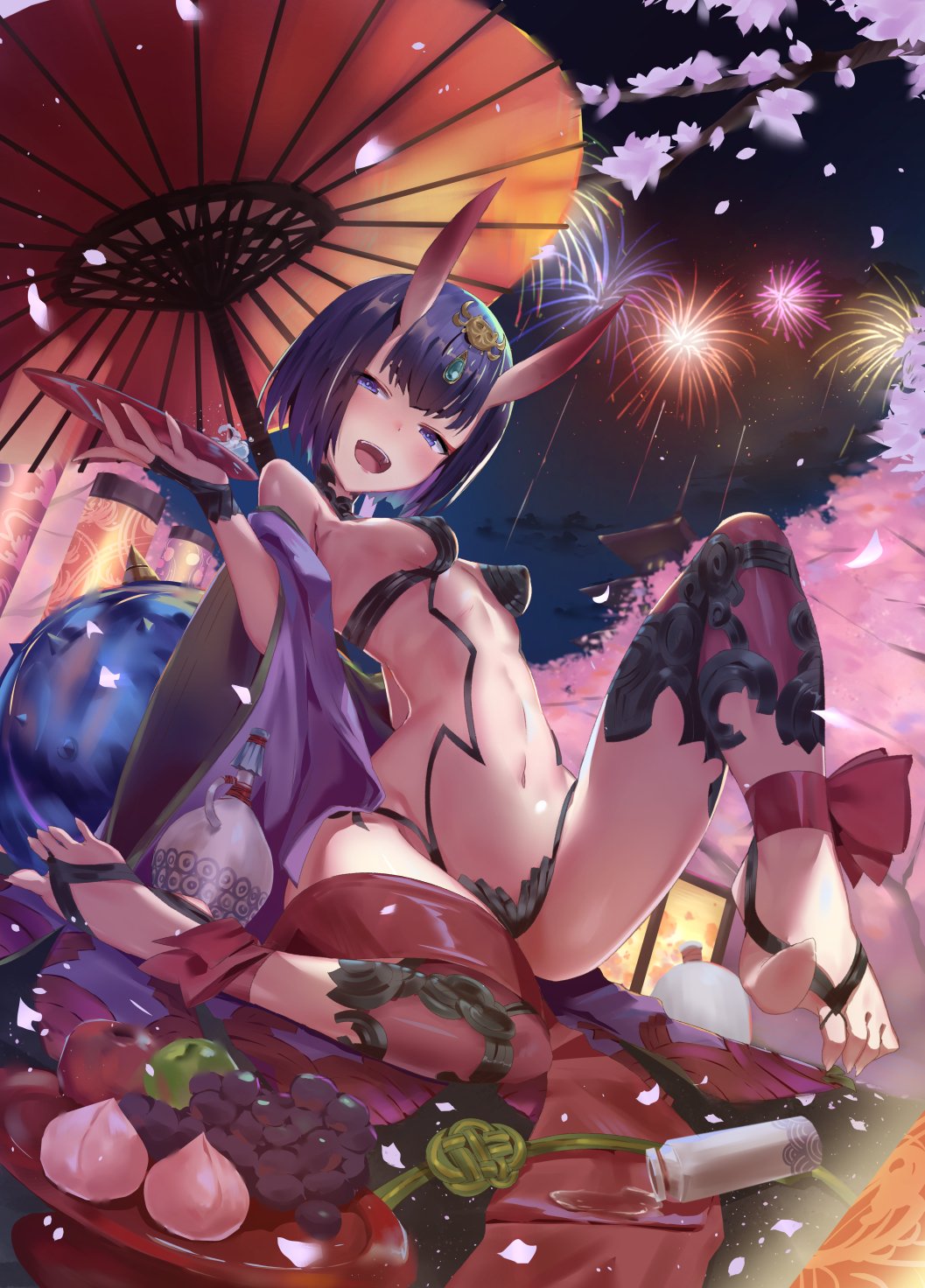 alcohol barefoot barefoot_sandals breasts breasts_apart commentary_request covered_nipples cup fangs fate/grand_order fate_(series) fireworks food highres horns japanese_clothes kakumayu kimono looking_at_viewer night night_sky oni oni_horns open_clothes open_kimono open_mouth purple_eyes purple_hair sakazuki sake short_hair shuten_douji_(fate/grand_order) sky small_breasts smile