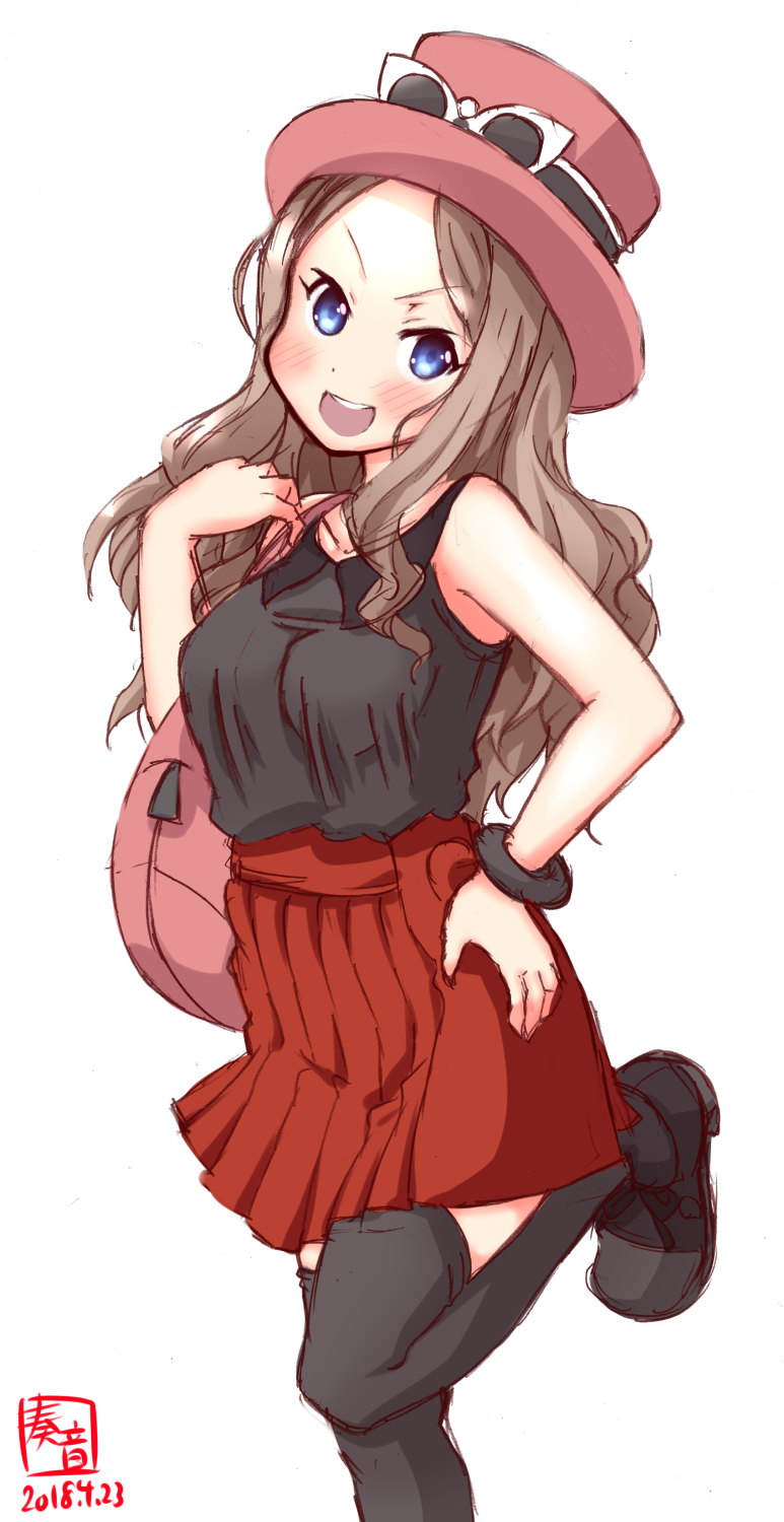 alternate_costume artist_logo asakaze_(kantai_collection) bag black_legwear black_shirt blue_eyes blush breasts brown_hair casual commentary_request cosplay dated eyewear_on_head hat highres kanon_(kurogane_knights) kantai_collection large_breasts light_brown_hair long_hair looking_at_viewer open_mouth pink_hat pleated_skirt pokemon pokemon_(game) pokemon_xy red_skirt serena_(pokemon) serena_(pokemon)_(cosplay) shirt simple_background skirt sleeveless sleeveless_shirt smile solo thighhighs top_hat upper_teeth wavy_hair white_background