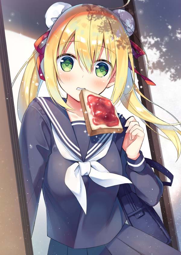 ahoge anzu_(sumisaki_yuzuna) bag blonde_hair bow bun_cover commentary_request double_bun food food_in_mouth green_eyes hair_bow hair_ribbon jam long_hair looking_at_viewer mouth_hold opening_door original pleated_skirt ribbon school_bag school_uniform serafuku shade skirt slice_of_bread solo sumisaki_yuzuna toast toast_in_mouth twintails