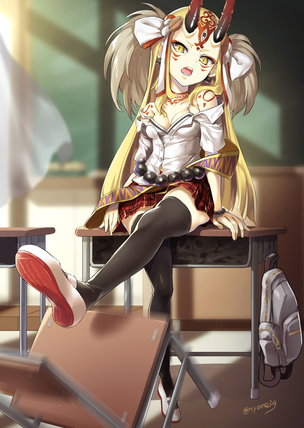 alternate_costume backpack bag bare_shoulders black_legwear blonde_hair blurry blurry_background camisole chair chalkboard commentary_request curtains depth_of_field desk earrings facial_mark fate/grand_order fate_(series) forehead_mark head_tilt highres horns ibaraki_douji_(fate/grand_order) indoors jewelry long_hair off_shoulder on_desk oni_horns open_mouth plaid plaid_skirt pleated_skirt red_skirt school_chair school_desk shirt shoes sitting sitting_on_desk skirt solo strap_slip thighhighs tyone uwabaki very_long_hair white_camisole white_footwear white_shirt yellow_eyes